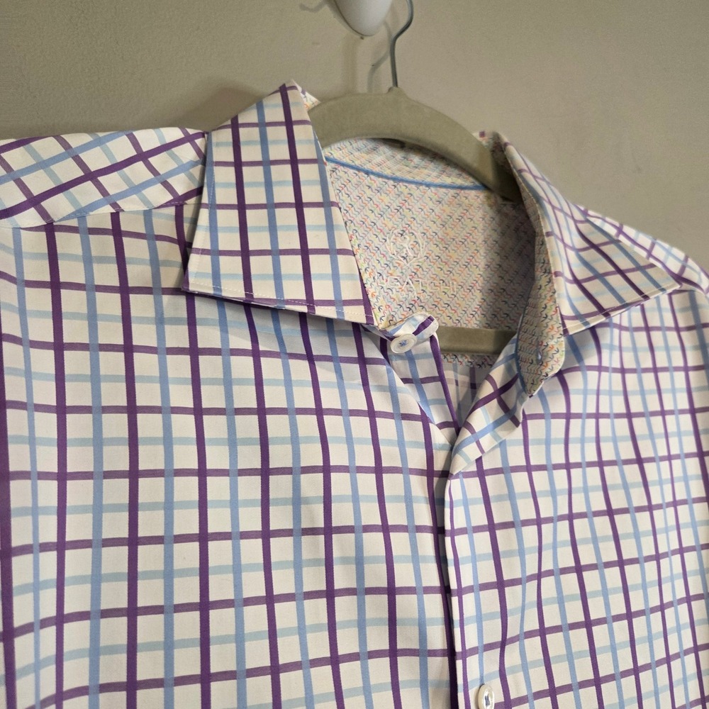 Mens Dress Shirt Large Purple Blue Check Plaid Button Down Long Sleeve Business